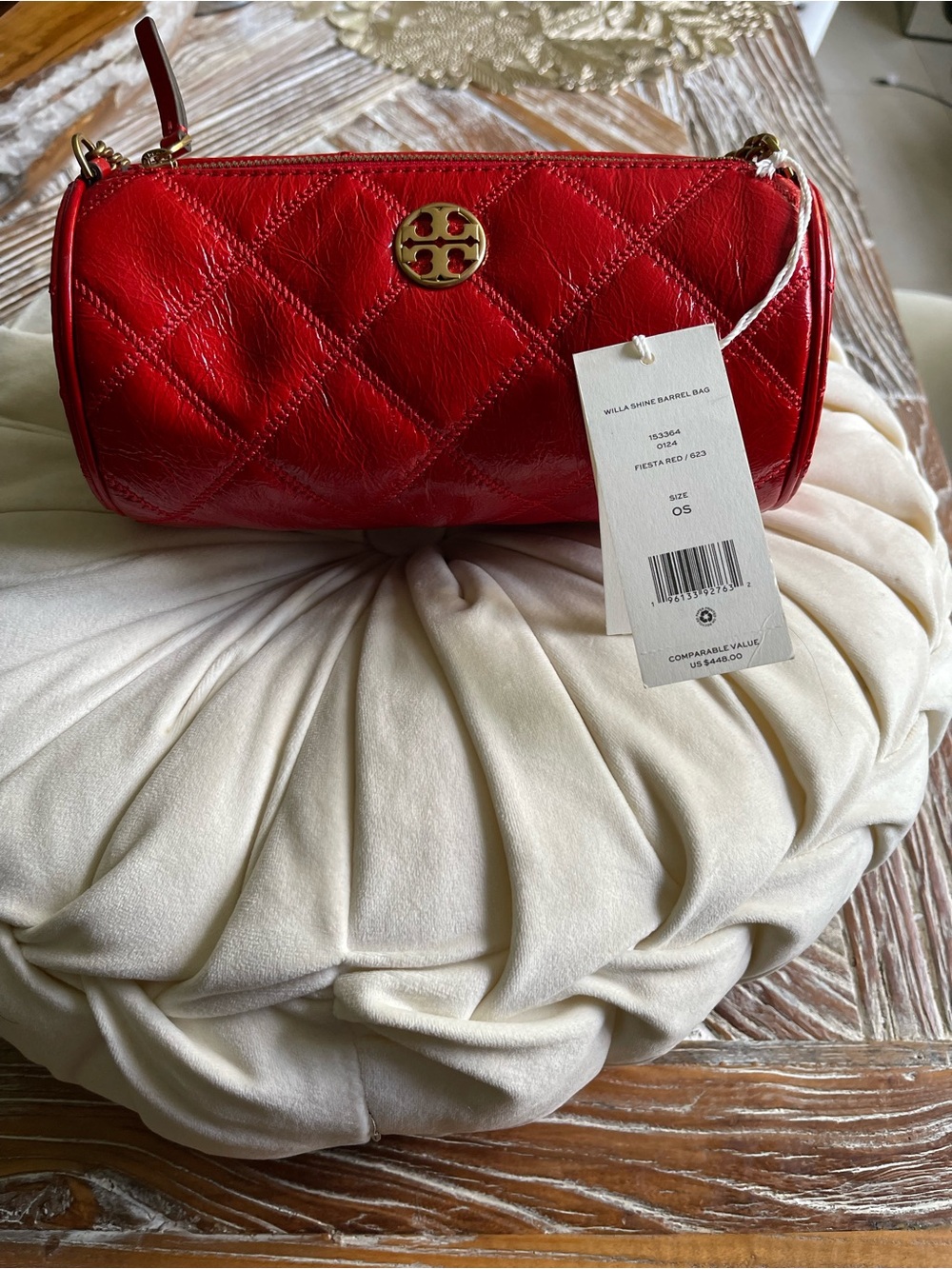 Tory Burch Red Quilted Barrel Crossbody with Gold Logo